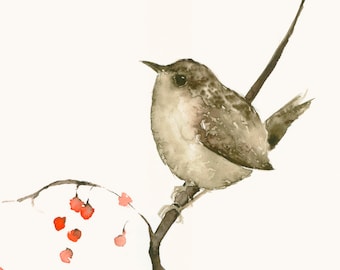 Bird Art Print from Original Watercolor Little Wren and Berries