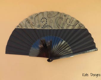 Black and Gold Half Dottilism Hand Fan SIZE OPTIONS Folding Wooden Flamenco Handheld Spanish from Spain Hand Painted by Kate Dengra
