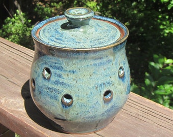 Ceramic Garlic Keeper with Lid, Storage Jar Container, Lidded Holder Handmade Wheel Thrown Pottery - Midnight Blue & Verte Lustre Glaze