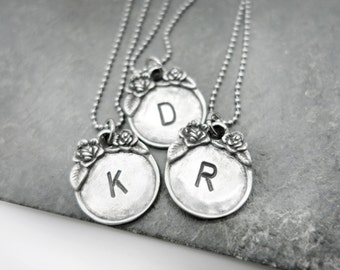 silver Initial Necklace, Personalized Necklace, custom, silver Necklace, bridesmaid gifts, gift for mom, flower pendant, mothers day, name