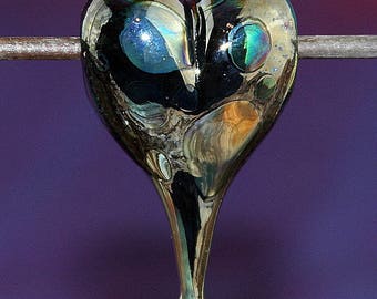 Love Reflections Handmade Lampworked Glass Bead OOAK Black Teal Green Blue Silver Heart Focal Slider Lampwork