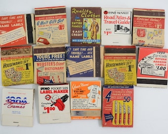 13 Mail Order Products Matchbooks LOT; Dymo, Webster Dictionary, Paring Knives, Rand McNally, Apron, Pen Pencil Set, Wallet
