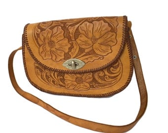 Hand Tooled Leather Purse Shoulder Bag Vintage Tooled Leather Bags 1960s Floral Tooled Leather Shoulder Bags
