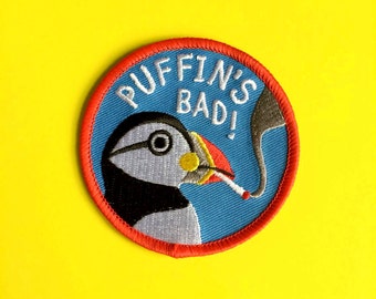 Funny Iron On Patch, Puffin Patch, Smoking Patch, Bird Embroidered Patch, Sew On Patch, Cute Animal Patch, Weird Patch, Stocking Stuffer