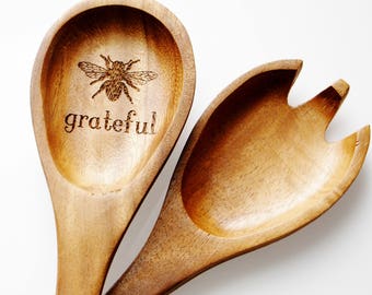 Bee Grateful. Wooden Spoon Set. Salad Servers. Thanksgiving Decor.