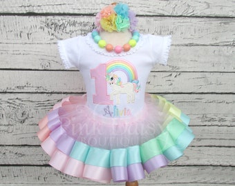 Pastel Rainbow Unicorn Ribbon Tutu - Unicorn Birthday Tutu Outfit - Pastel Rainbow Unicorn - Unicorn Birthday Dress - Ribbon Trim Tutu Set