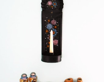 Tole Wall Sconce, Toleware Candle Holder, Hand Painted Flowers, Black Metal