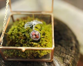 Four Egg Bird Nest Necklace with Natural Pinks and Reds, Bird Nest with Eggs, Four Egg Nest, Four Bird Nest, Gifts Under 50