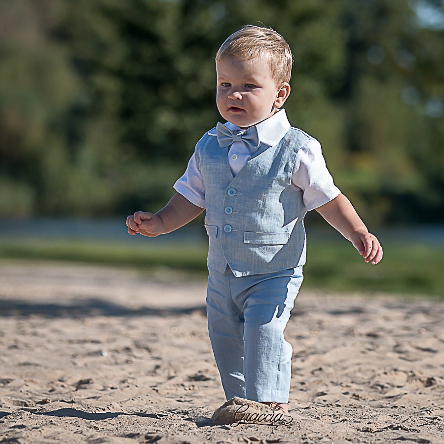 Ring bearer outfit Baby boy light blue suit Baptism linen suit