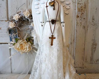 White cage doll statue French Santos angel figure accented rhinestones wings shabby cottage chic Nordic ornate ooak decor anita spero design