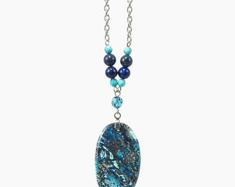 Natural Blue Azurite Stone Cabochon Pendant Necklace