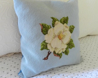 Vintage Needlepoint Pillow. Magnolia Flower. Southern Cottage Home Decor