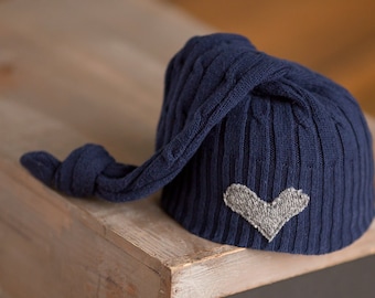 Newborn Upcycled Hat, Newborn Boy Hat, Navy Blue Hat with Gray Heart, Newborn Photography Prop, Ready to Ship Photo Prop, Sleepy Time Hat