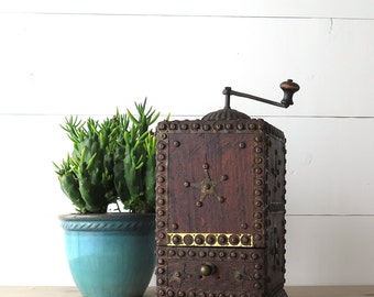 Antique Coffee Grinder, Folk Art, Large Coffee Mill, Brass Details, Texas Star, Unique Kitchen Decor | BoulderBlueStudio