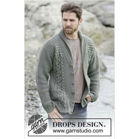 Hand knitted mens jacket cardigan aran style with cables and