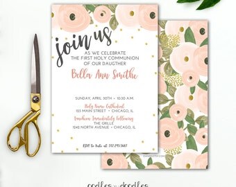 Floral First Communion Invitation Girl, Blush Pink and Gold, Floral Watercolor Gold Confetti, First Holy Communion, Printed or Printable
