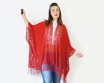 Lace Kimono Boho Kimono Red Kimono Fringe Kimono Fringe Pareo Girlfriend Gift For Mom Gift/ KIMONO