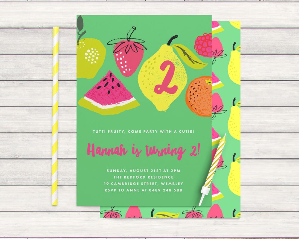 Fruit birthday party invitation Tropical summer birthday