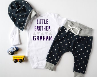 Baby Boy Coming Home Outfit, Little Brother: Personalized Little Brother Bodysuit, Navy Triangles Jogger Legging Pants, Slouchy Hat