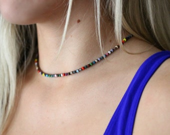 Colorful Beaded Crochet Necklace, Choker, Minimalist, Bohemian, Seed Bead Necklace, Crochet Jewelry, Double Wrap Bracelet