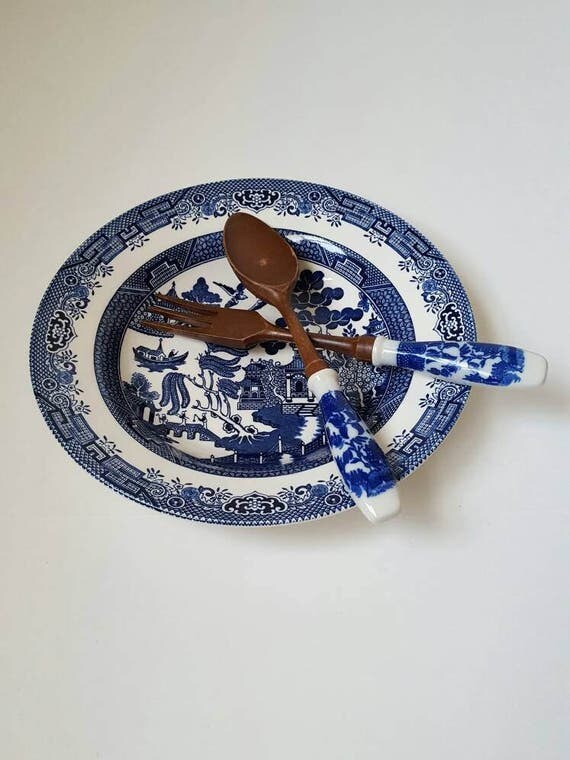 Churchill Blue Willow Pasta Serving Bowl with utensils