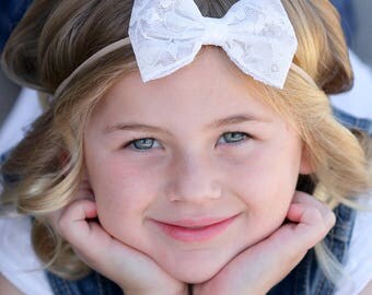 White Lace Bow Headband, White Lace Headband, Lace Hair Bow, Lace Nylon Headband, Bow on Nylon Headband, Nylon Headband for Baby, Lace Bow