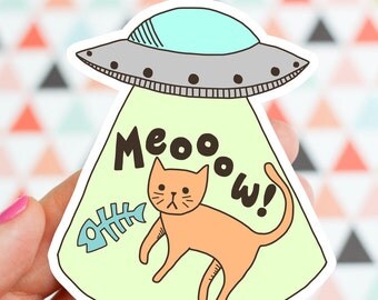 Funny Cat Vinyl Sticker, Cat Sticker, Cute UFO Cat Sticker, Kitty Sticker, Abducted Cat UFO Alien Sticker