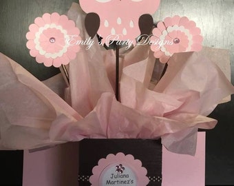 Owl Centerpiece, Baby Shower Centerpiece, Kids Party Centerpiece, Brown Pink Owl Centerpiece.