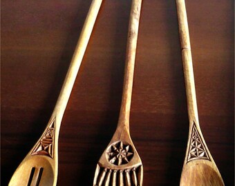 Three Hand Carved Decorative Wooden Spoons - assorted wood, oak-waxed