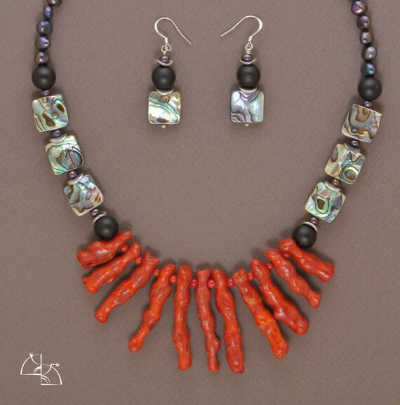 Red coral jewelry set. Bright Coral necklace, black abalone earrings. Fashion dark pearl jewelry. Stylish gift for her