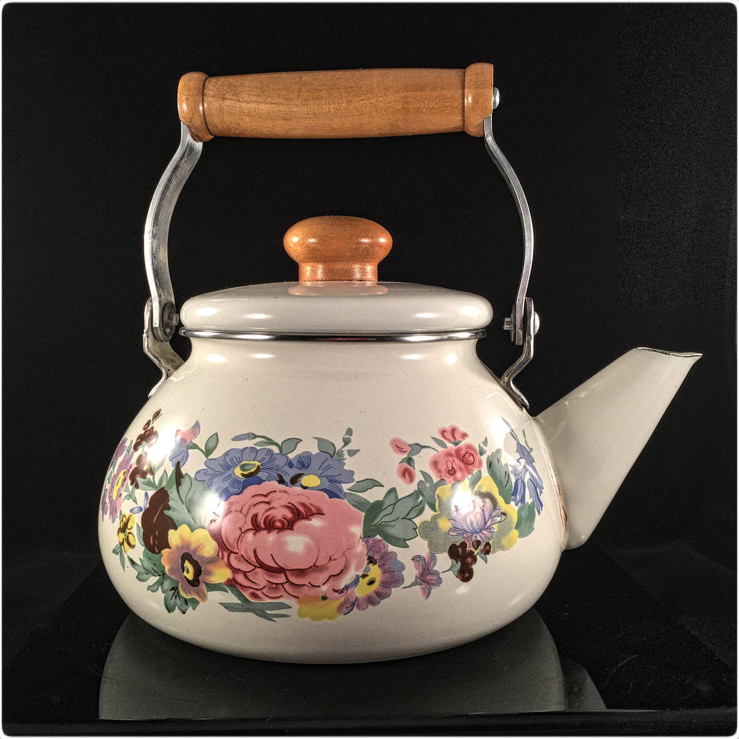 Pretty Decorated White Tea Kettle Flowers On Enamel Wood