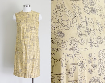 1960s Novelty Print Dress | Shift Dress | Yellow Floral Dress | Botanical Print | Small