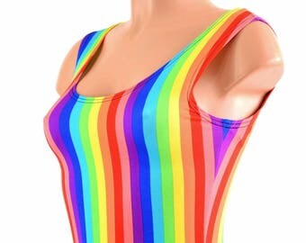 Vertical Rainbow Stripe Spandex Tank Crop Top Clubwear Rave Festival EDM PLUR Pride -152281
