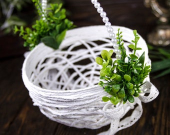 Green Flower Girl Basket, Greenery Wedding Basket, Floral Girl Basket, Lush Flower Basket, Flower Girl Bag, Lace Basket Rustic Flower Basket