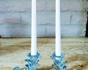Blue Candleholder, Pair of Candleholders, Light Blue Glass, Festive Candleholders, Holiday Gift