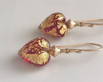Red Heart Venetian Glass Earrings / Glass Heart Earrings / Murano Glass / Gold Filled Earrings / Red and Gold Earrings