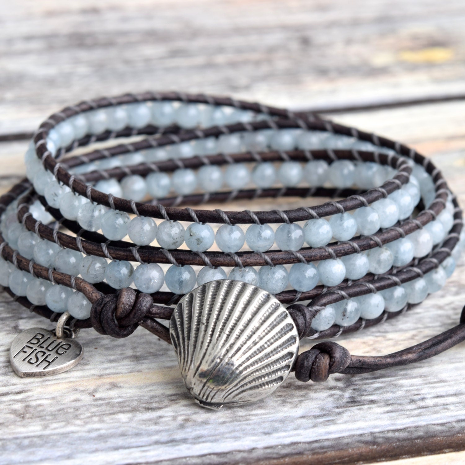 Wrap Bracelet, Aquamarine Bracelet, Genuine Aquamarine, Seashell Bracelet, Beaded Aqua Wrap Bracelet, Stacking Layering Bracelets