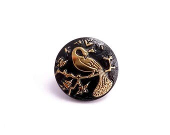 22mm Black Peacock Czech Glass Button, Czech Button, Black Czech Button, Gold Bird Button, Peacock Button, Black Bird Button BUT0050