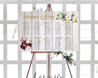 Wedding seating chart printable, Gold guests list watercolor printable, Boho guest list seating chart floral, Rustic Deers Tabeau de Mariage