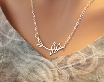 Sterling Silver Love Birds on a Branch Necklace, Birds on a Branch Pendant Necklace, Birds on a Branch Necklace, Love Birds Necklace