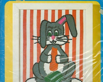 1975 Bunny Rabbit with Carrot DIY NIP Crewel Embroidery Kit 8" x 10" - Vintage Caron Kit 6119