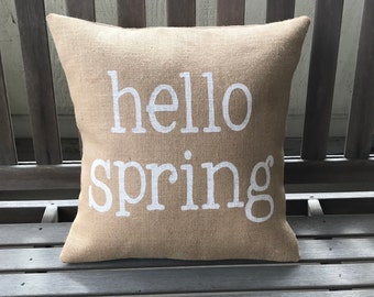 Hello Spring Burlap Pillow - Spring Decor - Easter Pillow