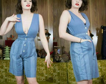 1950s Romper | 50s Playsuit | 50s Romper | 50s Blue Romper | Denim Romper | 1950s Blue Romper | Fitted Romper | 1950s Denim | Chambray | 27"