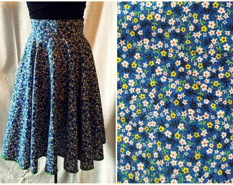 Vintage Blue Calico Circle Skirt, High Waist, Midi Skirt, Rick Rack Trim, '60s '70s, Small