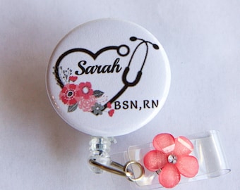 Badge Reel Floral Stethoscope Nurse Personalized Badge Holder- Stethoscope ID Tag- Badge Reel- Nurse Badge Reel-Retractable ID Holder