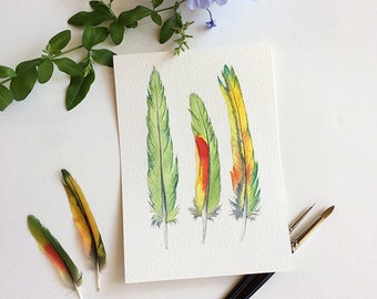 Yellow & green feathers watercolour art - original painting 5x7 inches - small artwork unique gift for him - Australian nature - feather art