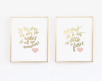 Gold and Pink Nursery, Let her Sleep, And though she be but little she is fierce , Shakespeare Nursery Print, Set of 2 (1250-2)