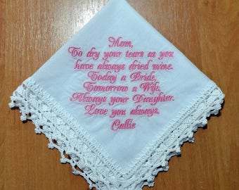 Gift for Mother of the bride Wedding gift for Mom from daughter Personalized hankie Custom Hanky Wedding Handkerchief wedding keepsake