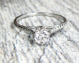Antique Diamond Engagement Ring Old European Cut Diamond Engagement Ring Platinum Diamond Ring Hand Engraved Approx 1/2 Carat Diamond