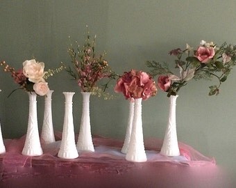 MilkGlass Bud Vases by Anchor Hocking,'Stars and Bars’ pattern. Set of Eight Vintage Bud Vases